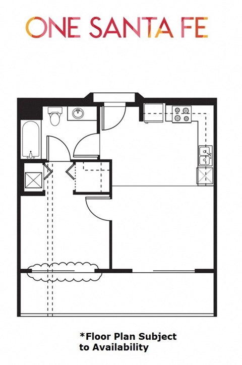 Floor plan for 1 bed, 1 bath, 611 sqft
